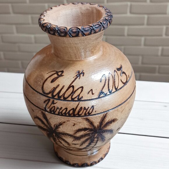 Vintage 2003 Cuba Varadero Wood Vase | Burned Palm Tree Art | Carved Souvenir - Picture 1 of 8